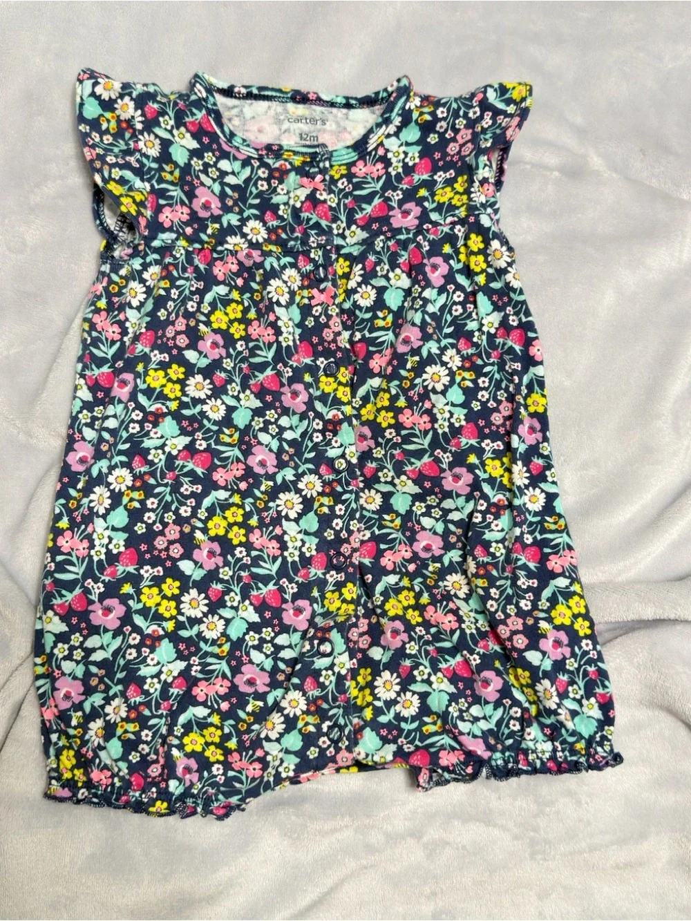 Carter's Navy Floral Bubble Romper with Pink Yellow and Mint Details